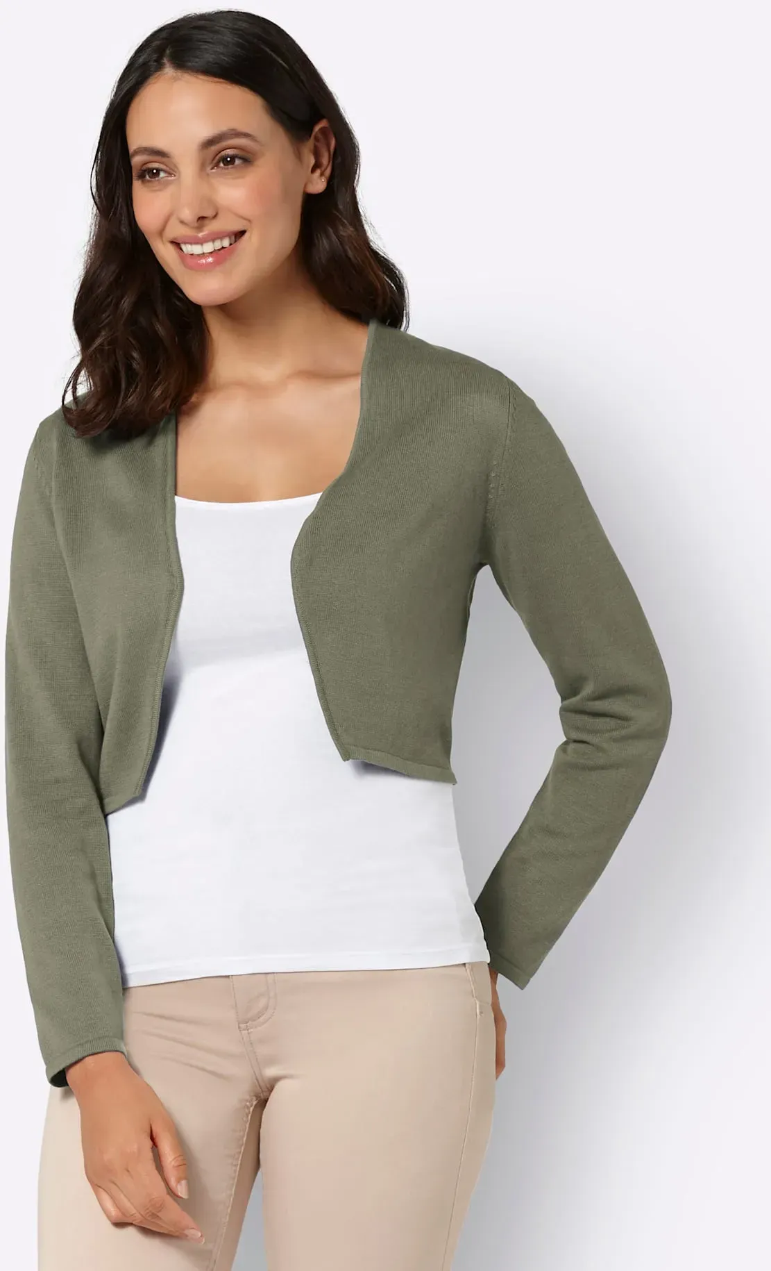 Bolero INSPIRATIONEN, Damen, Gr. 50, grün (khaki), 100% Baumwolle, unifarben, Strickjacken Bolero