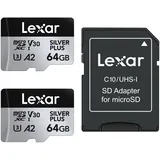 Lexar Silver Plus 64 GB microSDXC Klasse 3, UHS-I, A2, U3, V30, R205/W100MB/s - 2-Pack, Bis zu 205 MB/s Lesegeschwindigkeit, 100MB/s Schreibgeschwindigkeit, Speicherkarte Micro SD mit Adapter,