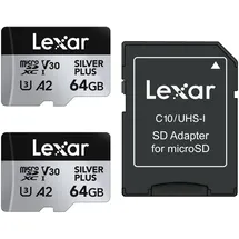 Lexar Silver Plus 64 GB microSDXC Klasse 3, UHS-I, A2, U3, V30, R205/W100MB/s - 2-Pack, Bis zu 205 MB/s Lesegeschwindigkeit, 100MB/s Schreibgeschwindigkeit, Speicherkarte Micro SD mit Adapter,