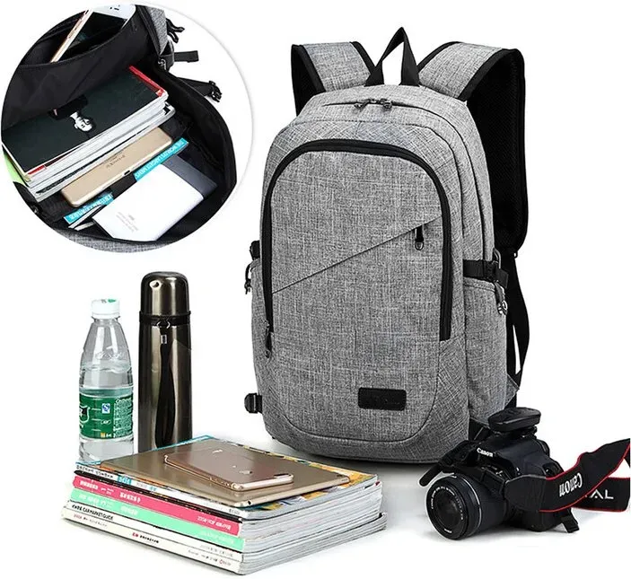 Anti-Diebstahl Laptop-Rucksack mit USB-Ladeanschluss – Leichter, wasserdichter Business-, Reise- und College-Rucksack für Damen & Herren, passend für 15,6 Zoll Laptops, Grau