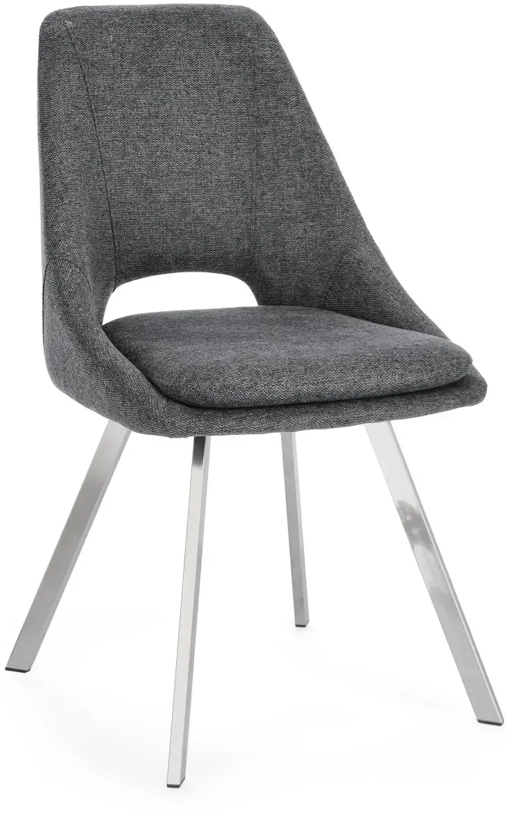Esszimmerstuhl Kashar aus Stoff, modern gepolstert, dunkelgrau, elegantes Edelstahlgestell