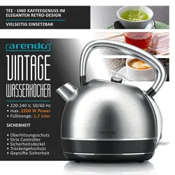 Arendo Wasserkocher 1,7 l, 2200 W, Edelstahl, Retro Style Vintage, Überhitzung & Trockenkochschutz, silber