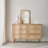 sweeek Kommode mit Holzlook und Rohrgeflecht, 6 Schubladen, 120x39x79 cm - Bohème