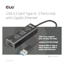 Club 3D CSV-1430A USB 3.2 Gen1 Typ-A, 3 Ports Hub mit Gigabit Ethernet