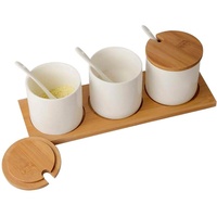 3-Set Keramik-Gewürztöpfe Gewürz-Serviergläser Gewürzbehälter mit Löffel und Metallständer für Salz Pfeffer Kräuter Gewürze