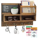 HOMEBROS Schlüsselhalter Wandhalterung, Holz Post und Schlüssel Organizer mit Kreidetafel und Spiegel, 3 Grußkarten, 8 Haken, Braun