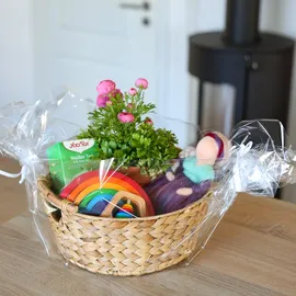 HMF Aufbewahrungskorb rund geflochten aus Wasserhyazinthe mit Holzgriffen 30 x 30 x 13 cm beige