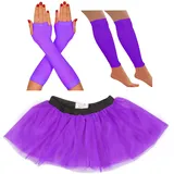 80er Jahre Kostüm für Damen Neon Tutu Rock 80er Jahre Kostüm Neon Party Zubehör 1980er Jahre Kostüm für Damen Neon Tutu Neon Beinwärmer Neon Fischnetz Handschuhe Rave Outfit (36-40), Violett)