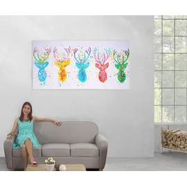 Mendler Ölgemälde Hirsche II, 100% handgemaltes Wandbild Gemälde XL, 140x70cm