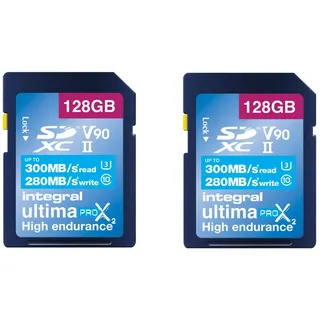 Integral 128GB 2-Pack UHS-II SD-Karte V90 Bis zu 300 MB/s Lesegeschwindigkeit und 280 MB/s Schreibgeschwindigkeit 1866X SDHC Professionelle Hochgeschwindigkeits-Speicherkarte