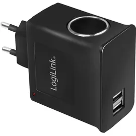 Logilink Steckdosenadapter, 2x USB-Ports und Zigarettenanzünder-Buchse Schwarz