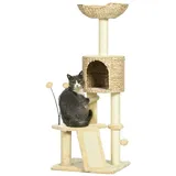 PawHut Katzen Kratzbaum 116 cm Katzenbaum mit Katzenhöhle, Katzenbett, Indoor Kletterturm mit Spielball, Kratzbrett, Plüsch Kratzmöbel für Katzen bis 5 kg,
