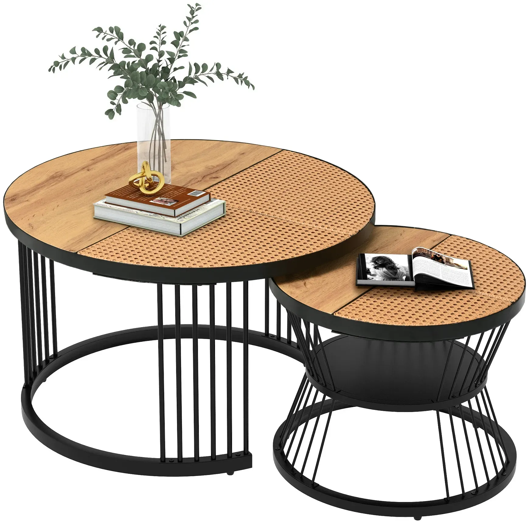 Merax Couchtisch rund 2er Set, Beistelltisch für Schlafzimmer Balkon, Satztische fürs Wohnzimmer