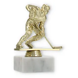 Pokal Kunststofffigur Eishockeyspieler gold auf weißem Marmorsockel 13,8cm