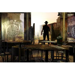 Fototapete PAPERMOON "Cowboy im Saloon", bunt, B:3,00m L:2,23m, Vlies, Tapeten
