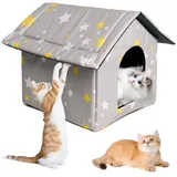 KBIBCK Katzenhaus für Draußen Winterfest, Winterfest Wasserdicht Katzenhöhle Katzenhaus, Faltbares Katzenhau Outdoor, Pet Tierheim für Katzen, Hundehaus Tierheim für Streuner (Grau & Weiß, L)