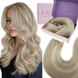 Fshine Tressen Extensions Echthaar 60cm Aschblondes Highlight mit Bleichblond Echthaar Tressen zum Einnähen 100g Haartressen Echthaar Farbe 18P613