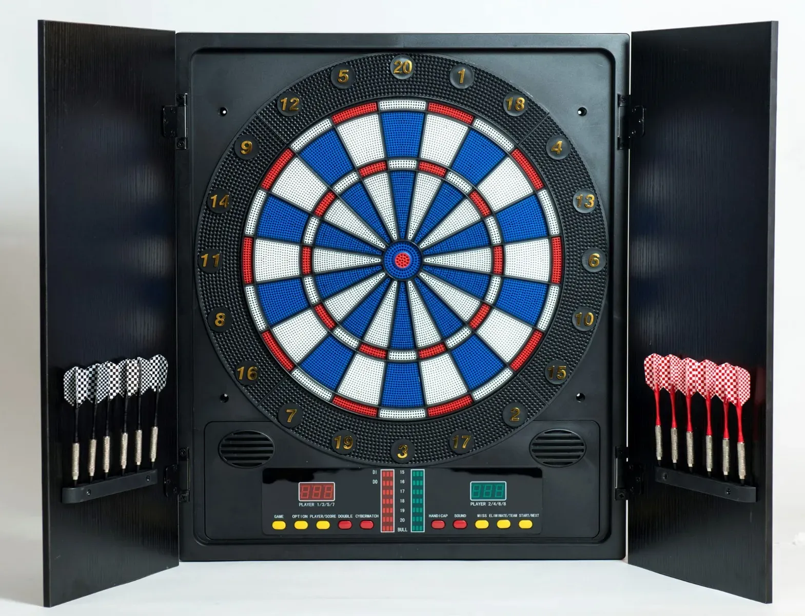 Elektronische Dartscheibe mit Kabinett, LCD-Display, 35 cm, Softtip-Pfeile schwarz/braun - Catdart - 27 Spiele, 8 Spieler, Musik