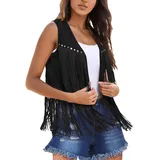 Cow-Girl Kostüm Damen Cowboy Weste Damen Western Kostüm Damen FauxWildleder Cowboy Ärmellos Weste Cardigan mit Fransen Cropped Jacke Quaste Fransenweste Vintage Weste Kurz Jacket Outwear (Black-2, M) - M