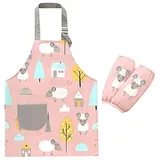 JZK Einstellbare wasserdichte Kinderschürze und Ärmelset, rosa Kinderküchenschürze mit Tasche für Mädchen zum Kochen, Backen, Malen, Gartenschürze