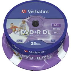 Verbatim - 25 x DVD+R DL - 8.5 GB 8x - breite bedruckbare Oberfläche - Spindel