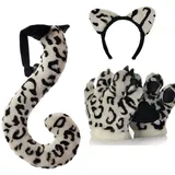 LANFIRE Flauschige künstliche Tiger und Dinosaurier Paw Handschuhe, Stirnband und Schwanz Kostüme Cosplay Tiger oder Dinosaurier Party Kostüm (Snow leopard 4 PCS) - L