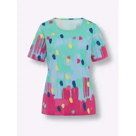 Classic Basics Kurzarmshirt CLASSIC BASICS "Kurzarm-Shirt", Damen, Gr. 52, grün (blaugrün, pink, bedruckt), 100% Baumwolle, gemustert, mehrfarbig, Rundhals, Shirts
