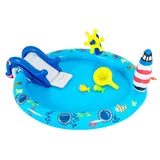 COSTWAY Aufblasbares Planschbecken, Wasserspielzentrum mit Meeresmotiven & haiförmiger Rutsche, Wasserpark Kinder in Leuchtturmform 188x153x63cm