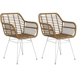 Homcom Esszimmerstühle 2er Set Küchenstuhl mit Rückenlehne, Kunstrattan-Optik, Sessel mit Fußpolster, Wohnzimmerstuhl, Stühle mit Stahlbeine für Esstisch, Hellbraun+Weiß