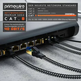 Primewire Flachbandpatchkabel CAT 8 mit Baumwollummantelung - Gigabit Ethernet LAN Kabel 40 Gbit/s S/FTP PIMF Schirmung - Netzwerkkabel 10m