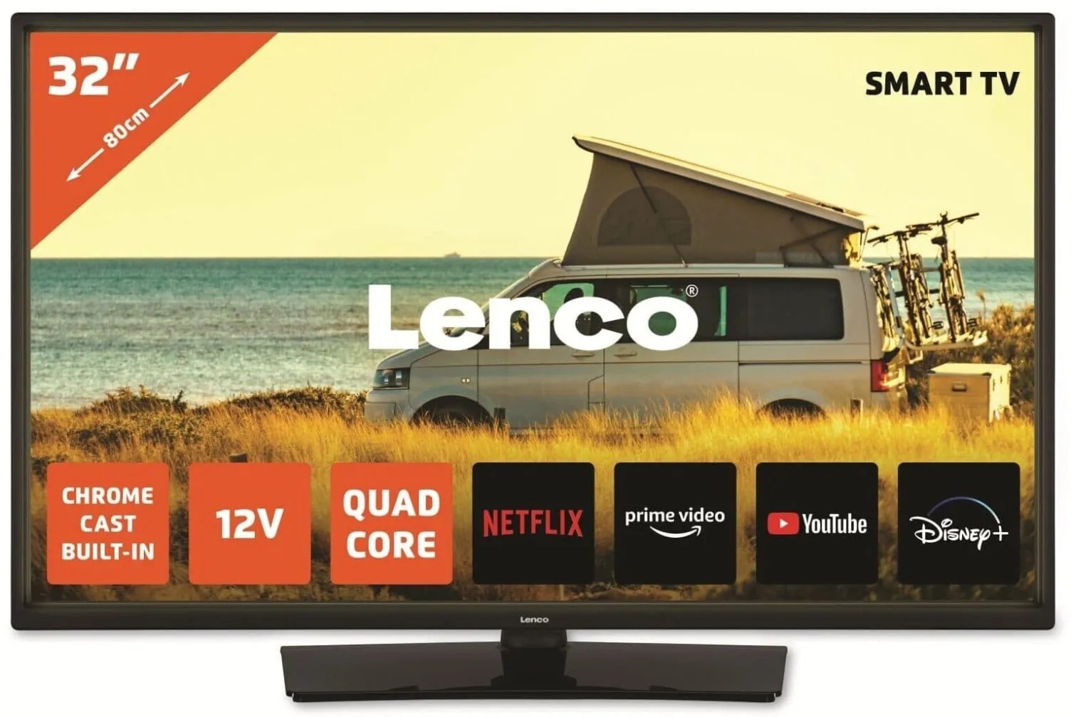 Lenco LED-3263BK - 32-Zoll Android-Smart-TV mit 12-V-Kfz-Adapter, schwarz