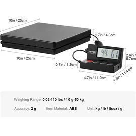 Vevor Plattformwaage 10g-50kg Paketwaage 2g Genauigkeit Digitalwaage kg/lbs/lbs:oz/g Zählwaage 250x250x43mm ABS-Gehäuse Tara-/Hold-Funktionen AC/DC-Netzteil Industriewaage Briefwaage Waage