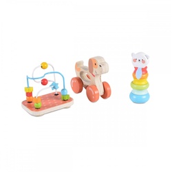 Moni Holzspielzeug-Set 2203, 9-tlg, Motorikschleife, Nachziehtier, Stapelspiel bunt