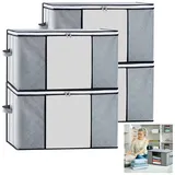 MODFU Aufbewahrungstasche 4er Kleider Aufbewahrung Boxen Faltbar Aufbewahrungskorb (84 Liter Größe mit Sichtfenster und Haltegriffen, 4-tlg., Umzugskarton, Aufbewahrung Boxen, 60x40x35 cm), für Bettdecken Kleidung Decke T-Shirts Kleiderschrank Garderobe usw grau