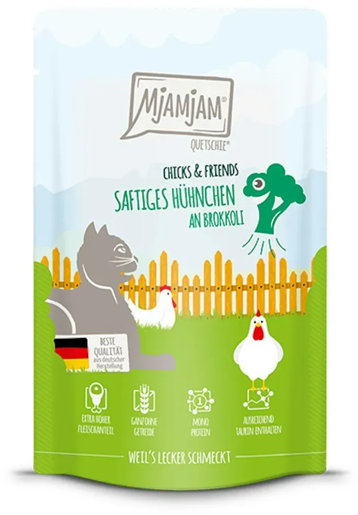 MjAMjAM – Chicks and Friends 125g MjAMjAM Katze 12x125g Chicks und Friend Hühn mit Brokkoli