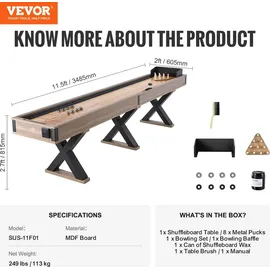 Vevor Shuffleboard-Tisch, 11,5 Fuß Shuffleboard für Familienspielzimmer, 2-in-1-Shuffleboard- und Bowling-Kombispielset, mit kratzfestem Spielfeld, Beinen, 8 Pucks, Bowlingset, Wachs und Tischbürste