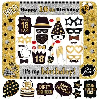 Fotobox Accessoires 18. Geburtstag Deko 34 STK. Foto Requisiten mit aufblasbarem Fotorahmen für Jungen und Mädchen Schwarz Silber Gold Photo Booth Requisiten und Selfie Rahmen Party Zubehör