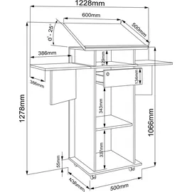 VCM Holz mobiles Rednerpult Maße ca. H. 107 bis 128 cm x B. 60 bis 123 cm x T. 44 cm rollbar mit Schublade Stehpult Stehtisch | Salia