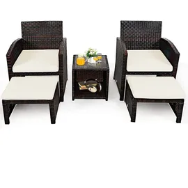 Goplus 5 tlg. Rattanmoebel, Poly Rattan Gartenmoebel, Lounge Set aus 1 Tisch & 2 Stühlen & 2 Ottomanen, mit Abnehmbarem & Waschbarem Bezug Beige