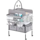 Vevor Wickeltisch Faltbare Wickelstation mit 2 Stoffschubladen & Seitenkorb & Kleiderstange, höhenverstellbarer tragbarer Wickelkombi mit feststellbaren Rädern und 2 Sternspielzeugen, hellgrau