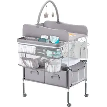Vevor Wickeltisch Faltbare Wickelstation mit 2 Stoffschubladen & Seitenkorb & Kleiderstange, höhenverstellbarer tragbarer Wickelkombi mit feststellbaren Rädern und 2 Sternspielzeugen, hellgrau
