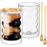 2er Set Doppelwandig Gläser Latte Macchiato Gläser 350ml Cappuccino Tassen Doppelwandige Kaffeegläser Teegläser aus Borosilikatglas mit 2 Löffeln für Cappuccino Latte Tee EIS Milch Saft