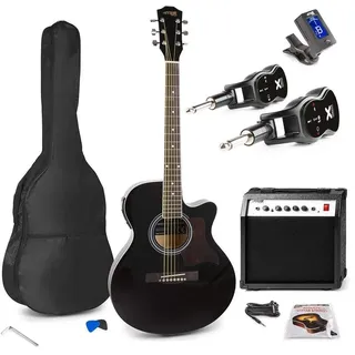MAX ShowKit Elektro Akustik Gitarre Set mit Verstärker 40 Watt, Gitarrentasche, Gitarrenstimmgerät, Kabel, Plektrum und Sender & Empfänger, E Akustikgitarre mit Tonabnehmer - Schwarz