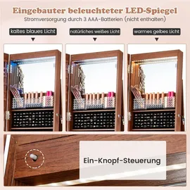 Costway Schmuckschrank mit Rollen, Spiegelschrank abschließbar mit LED-Leuchten & verstellbaren Ablagen, Standspiegel Schmuckregal Ganzkörperspie... - Braun