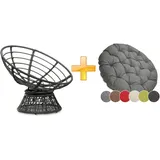 sunnypillow Papasansessel | Rattansessel mit Kissen rund Durchmesser 120 cm | gemütlicher Loungesessel drehbar für Wohnzimmer | Balkon Sessel Korbsessel Rattan Lesesessel | Outdoor/Indoor | Grau