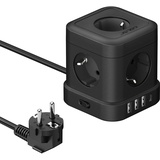 JSVER Steckdosenleiste Würfel USB C, Mehrfachsteckdose Cube 5 Fach mit 4 USB (17W) Steckdosenwürfel Steckerleiste mit Schalter für Büro, zu Hause oder auf Reisen 2m Kabel - Schwarz