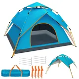 Camping Zelt, Pop up Zelt Wurfzelt Automatische 3-4 Personen Familie Kuppelzelt Wasserdicht Winddicht UV-Schutz mit 2 Mesh-Tür, 2in1 Doppelschichten Tragetasche für Camping Wandern Backpacking Blau