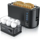 Arendo - Set Toaster FRUKOST mit Eierkocher SIXCOOK Edelstahl Schwarz, Toaster 4 Scheiben, LED-Display, 6 Bräunungsgrade, Brötchenhalter - Eierkocher