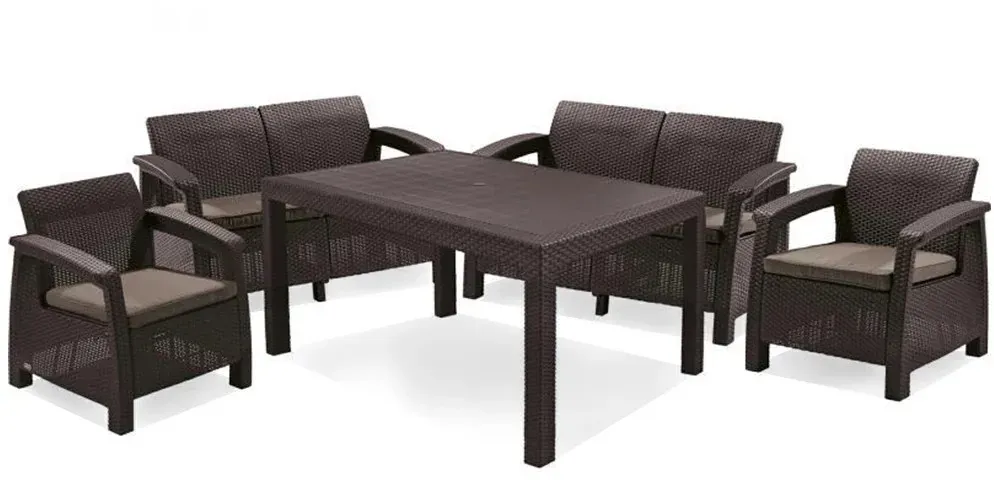 Korfu Fiesta Set Gartenmöbel-Set, braun mit warmen taupefarbenen Kissen