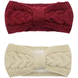 2 Pcs Haarband Ohrenwärmer Elastische,Verdicken Stirnband Damen,Gestrickte Haarreifen,gefüttert mit weichem Innenfutter,Haarbänder Headwrap Kopfband für Damen,für Outdoor Sport(Beige+Bordeaux)